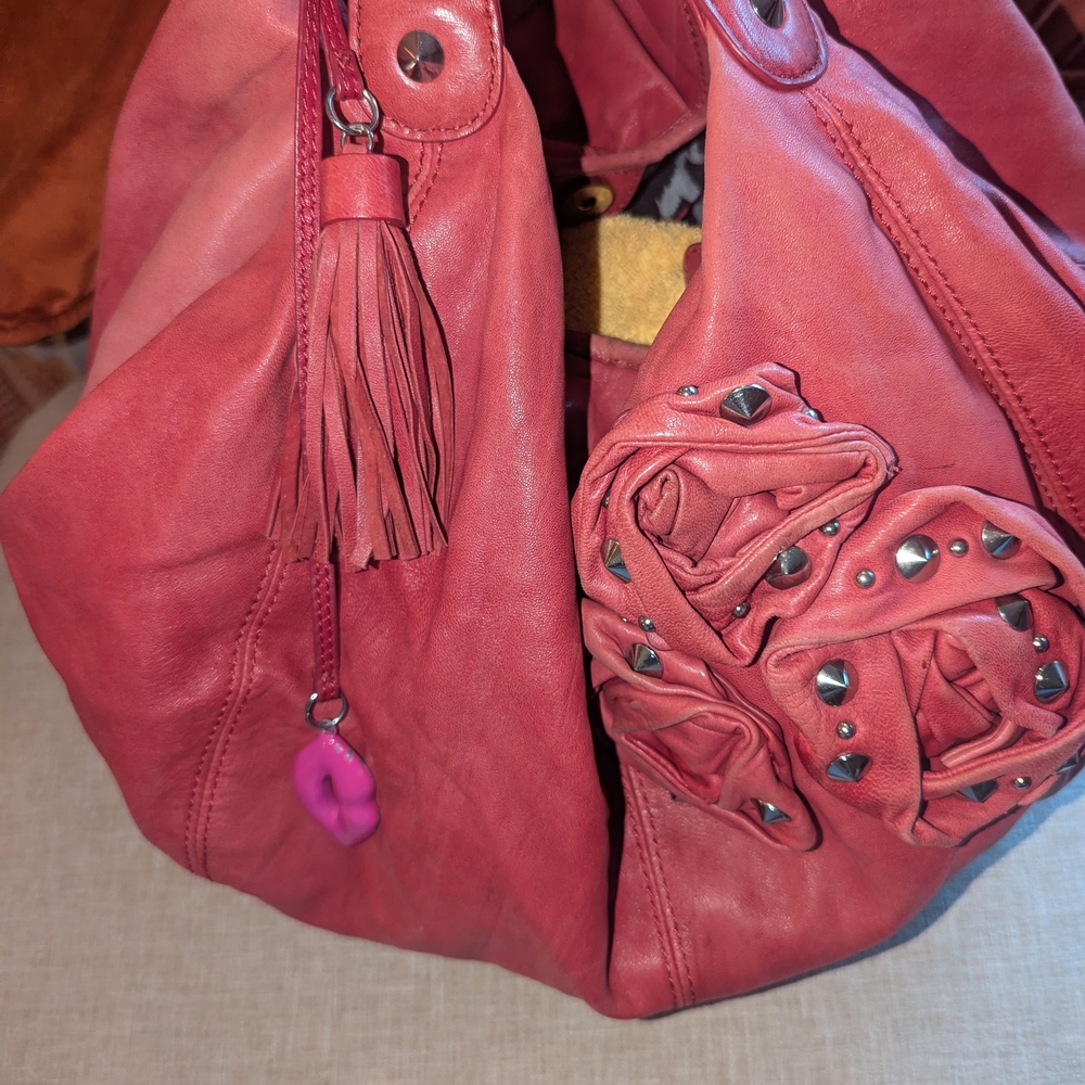 Rare Betsy Johnson Rose Studded Slouchy Hobo Bag In Pinkish Red, Silver Hardware - Picture 4 of 8